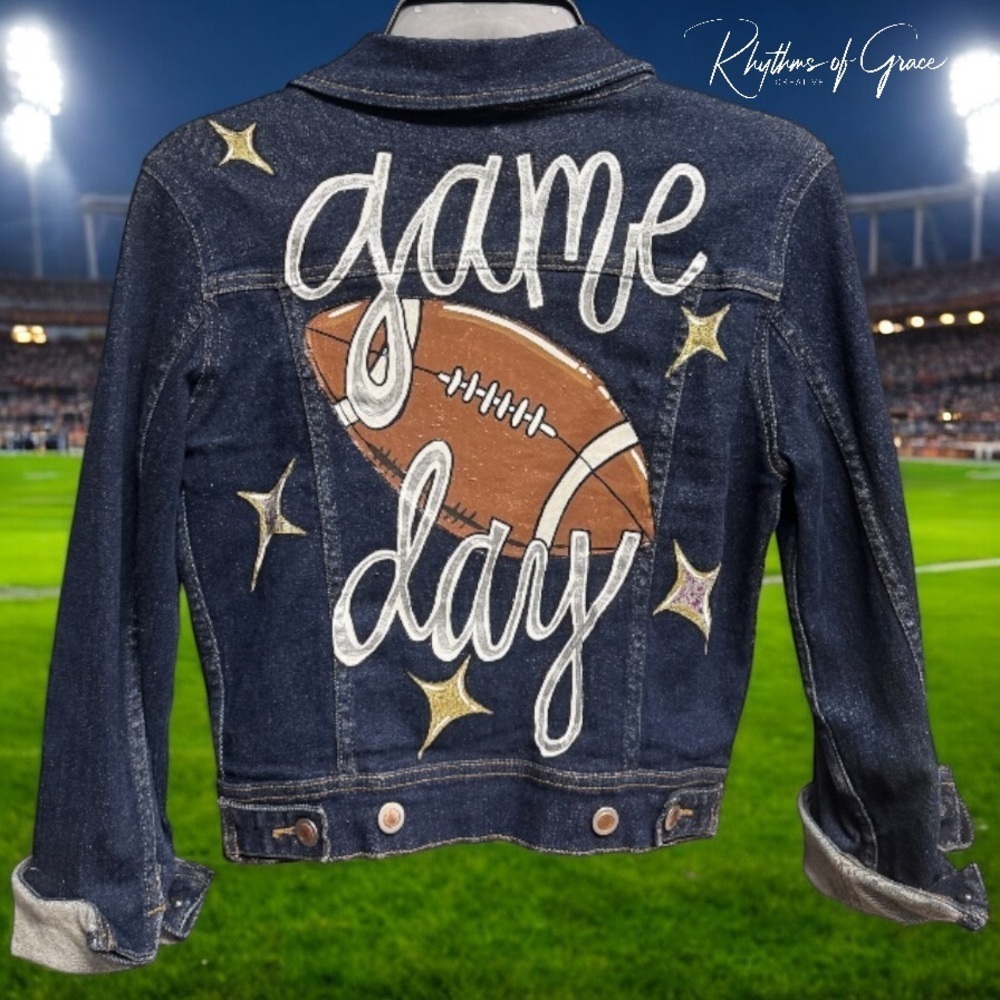 Touchdown in Style: Hand-Painted Game Day Denim Jacket! Size 10, Football Jean